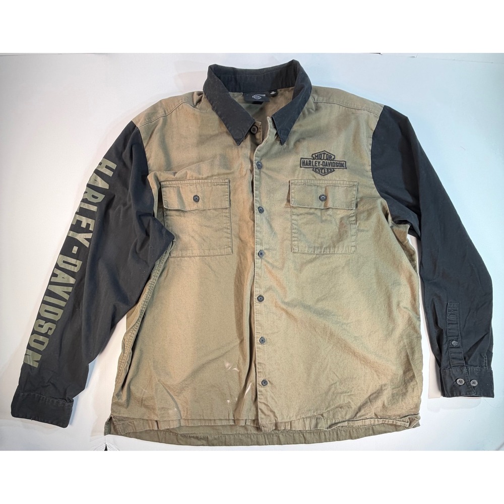 Harley-Davidson Mens 2XL Button Up Shirt Olive Green Black Long Sleeve Logo